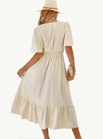 Damen Midi-Sommerkleid V-Ausschnitt Taillenbetonung