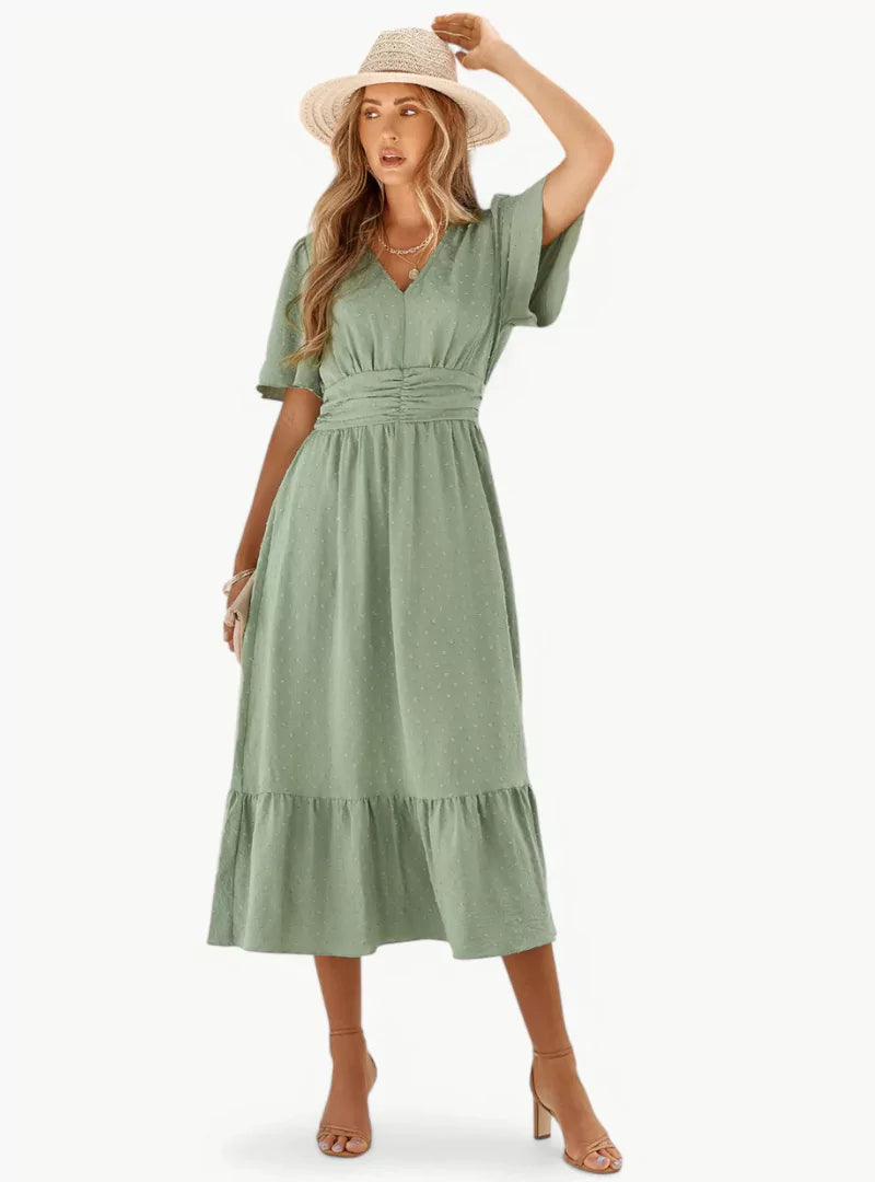 Damen Midi-Sommerkleid V-Ausschnitt Tailliert