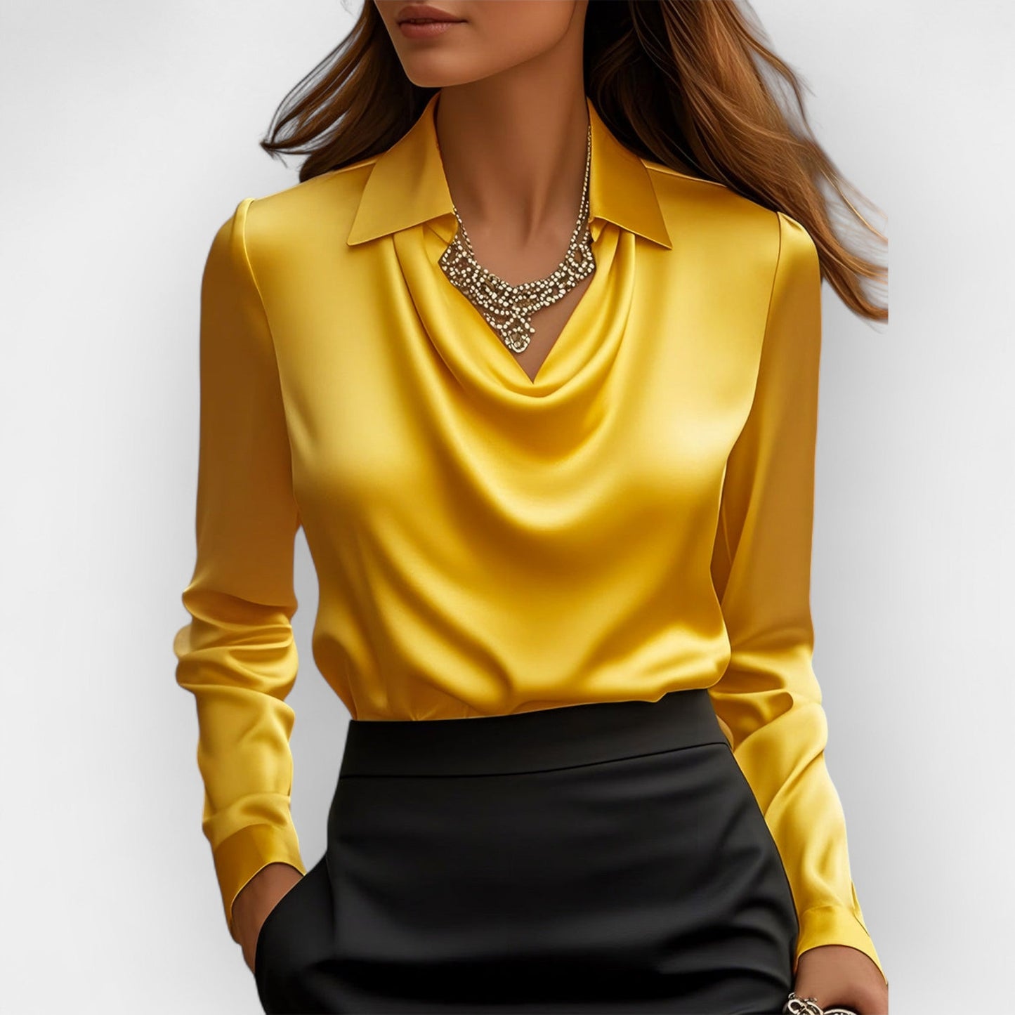 Damen Satinbluse Langarm Wasserfallkragen Eleganz