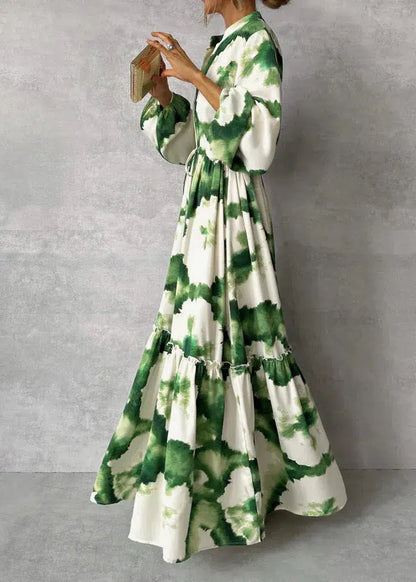 Damen Maxi-Kleid V-Ausschnitt Langer Ärmel Grün