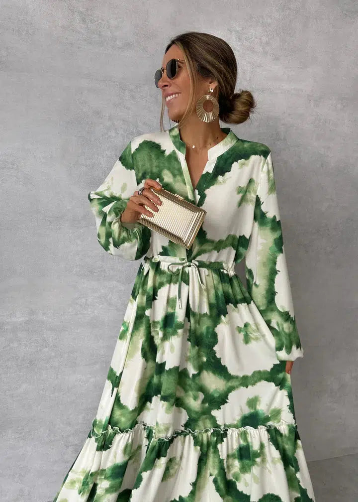 Damen Maxi-Kleid V-Ausschnitt Langer Ärmel Grün - Norvielle