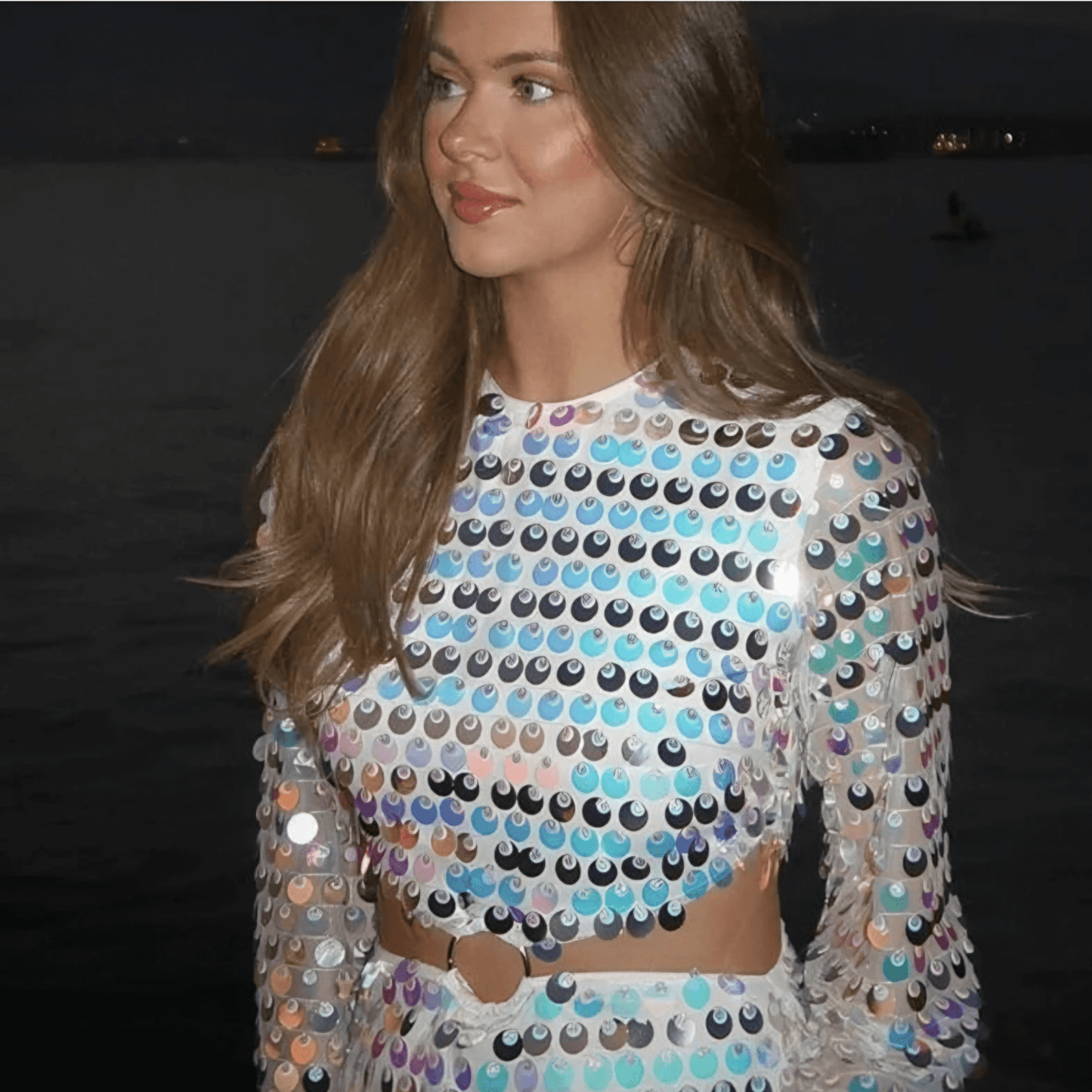 Damen Glitzerndes Minikleid Pailletten Cut-Out Ärmel