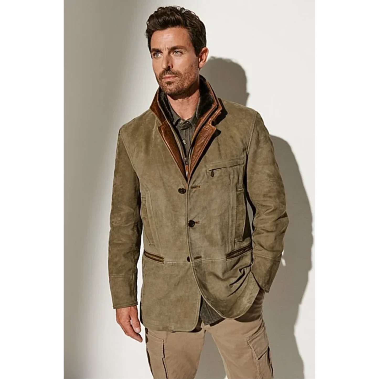 Herren Wildlederjacke Mit Knöpfen Und Reißverschluss - Norvielle