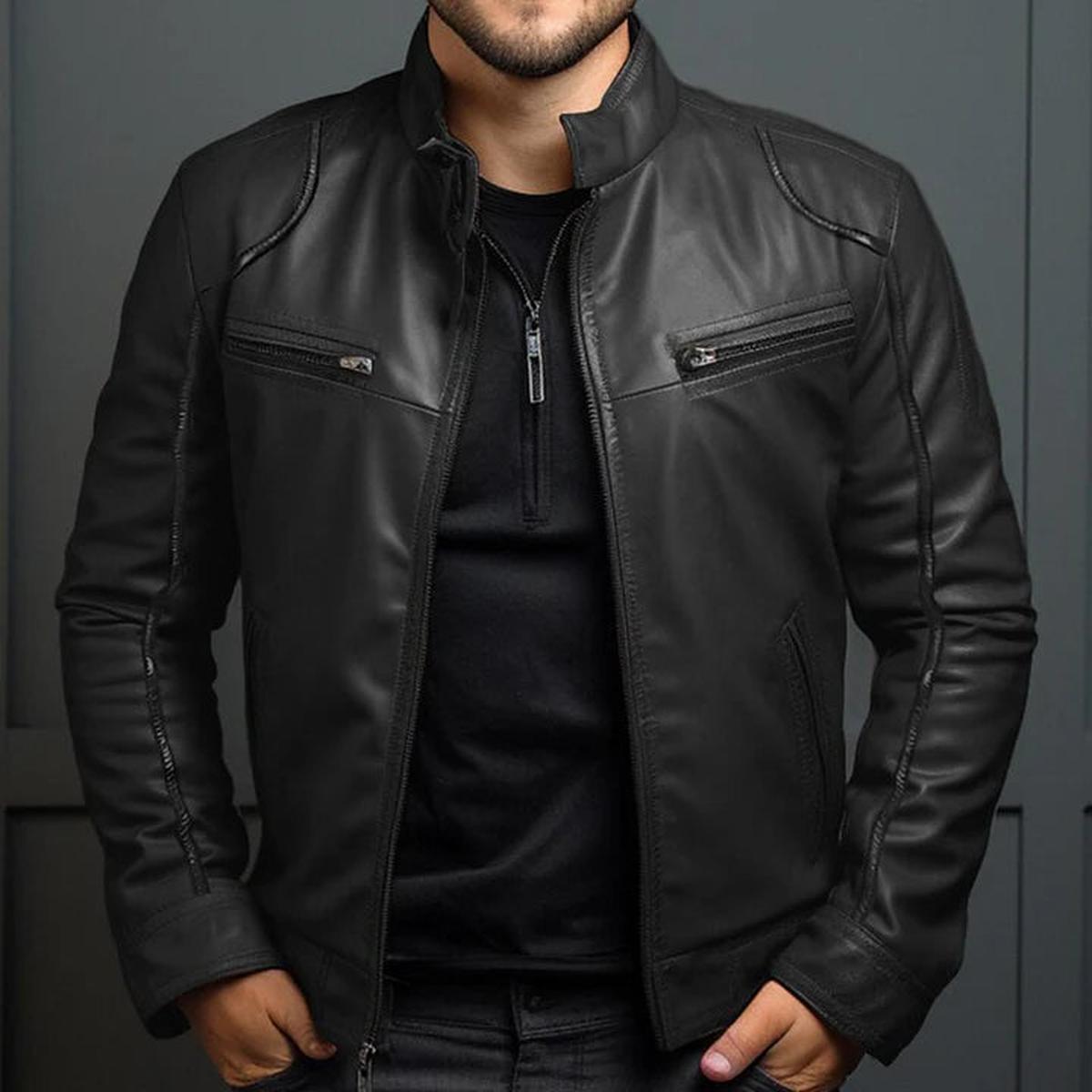 Herren Bikerjacke Reißverschluss Leder Schwarz - Norvielle