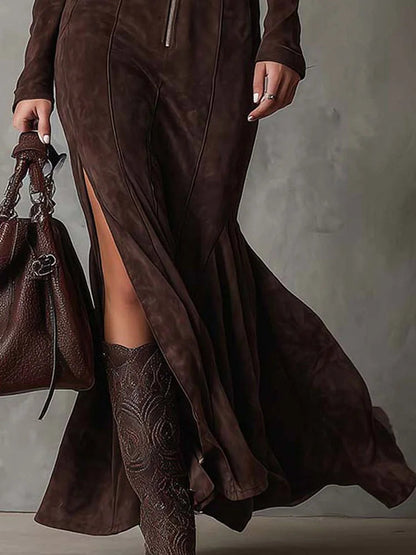 Damen Elegantes Maxikleid mit Gürtel und Hohem Schlitz