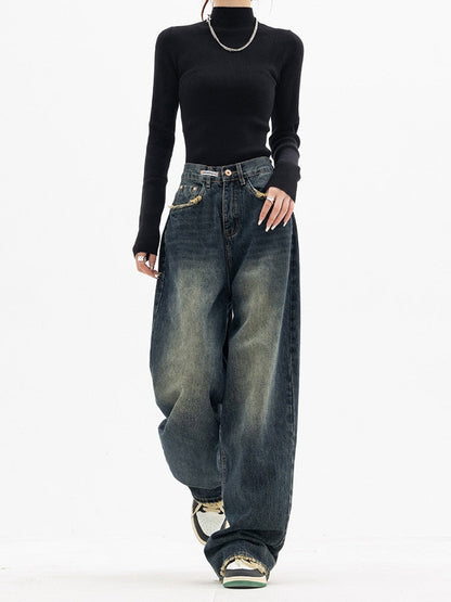 Damen Highwaist Baggy Jeans Weite Beine Klassischer Denim Blau - Norvielle
