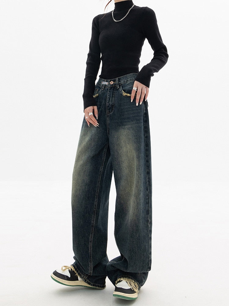 Damen Highwaist Baggy Jeans Weite Beine Klassischer Denim