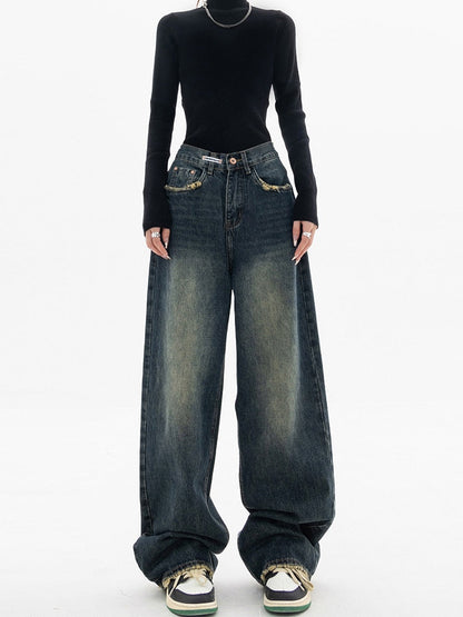 Damen Highwaist Baggy Jeans Weite Beine Klassischer Denim