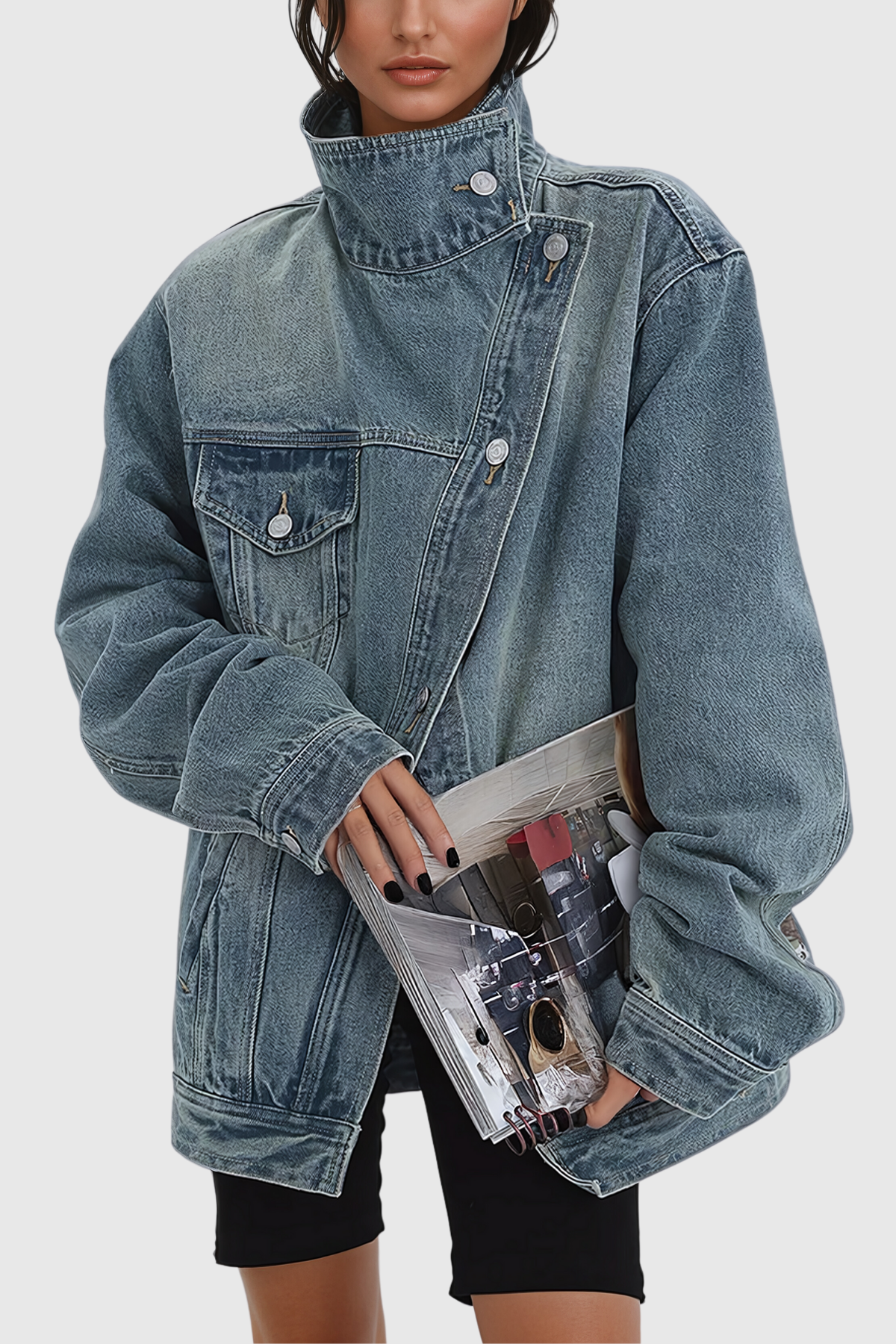 Damen Asymmetrische Oversized Jeansjacke Denim Blau - Norvielle