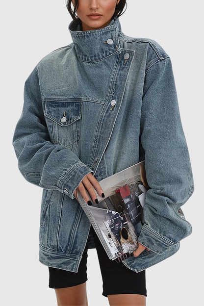 Damen Asymmetrische Oversized Jeansjacke Denim Blau - Norvielle