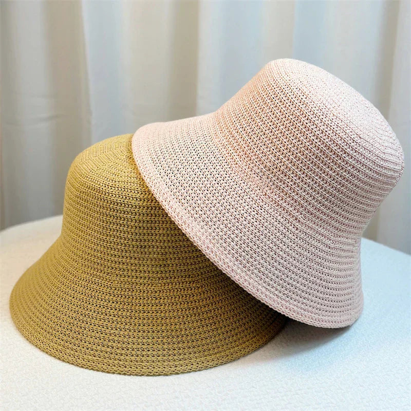 Damen Fischerhut Geflochtenes Stroh Koreanischer Retro-Stil Beige