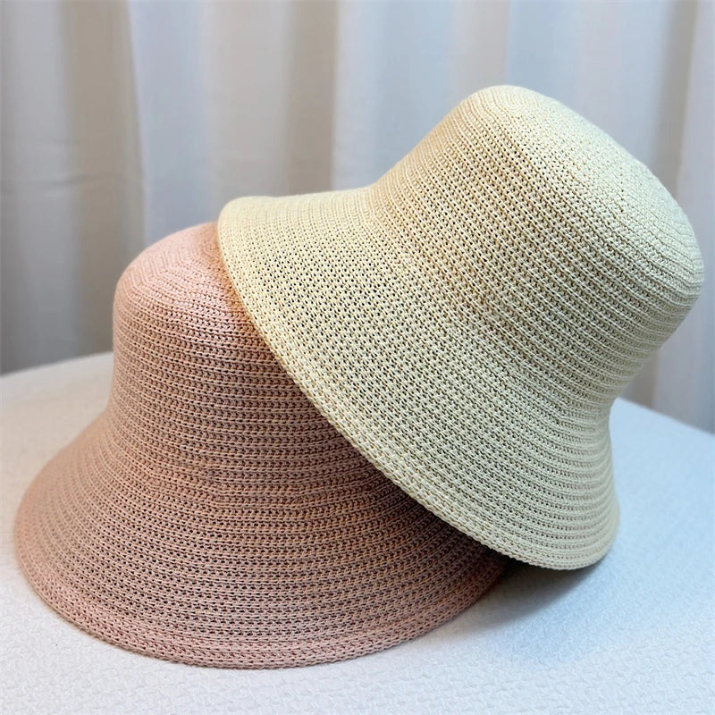 Damen Fischerhut Geflochtenes Stroh Koreanischer Retro-Stil Beige