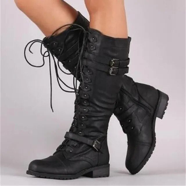 Kniehohe Stiefel Damen Schnürung Schnallen Leder Braun - Norvielle