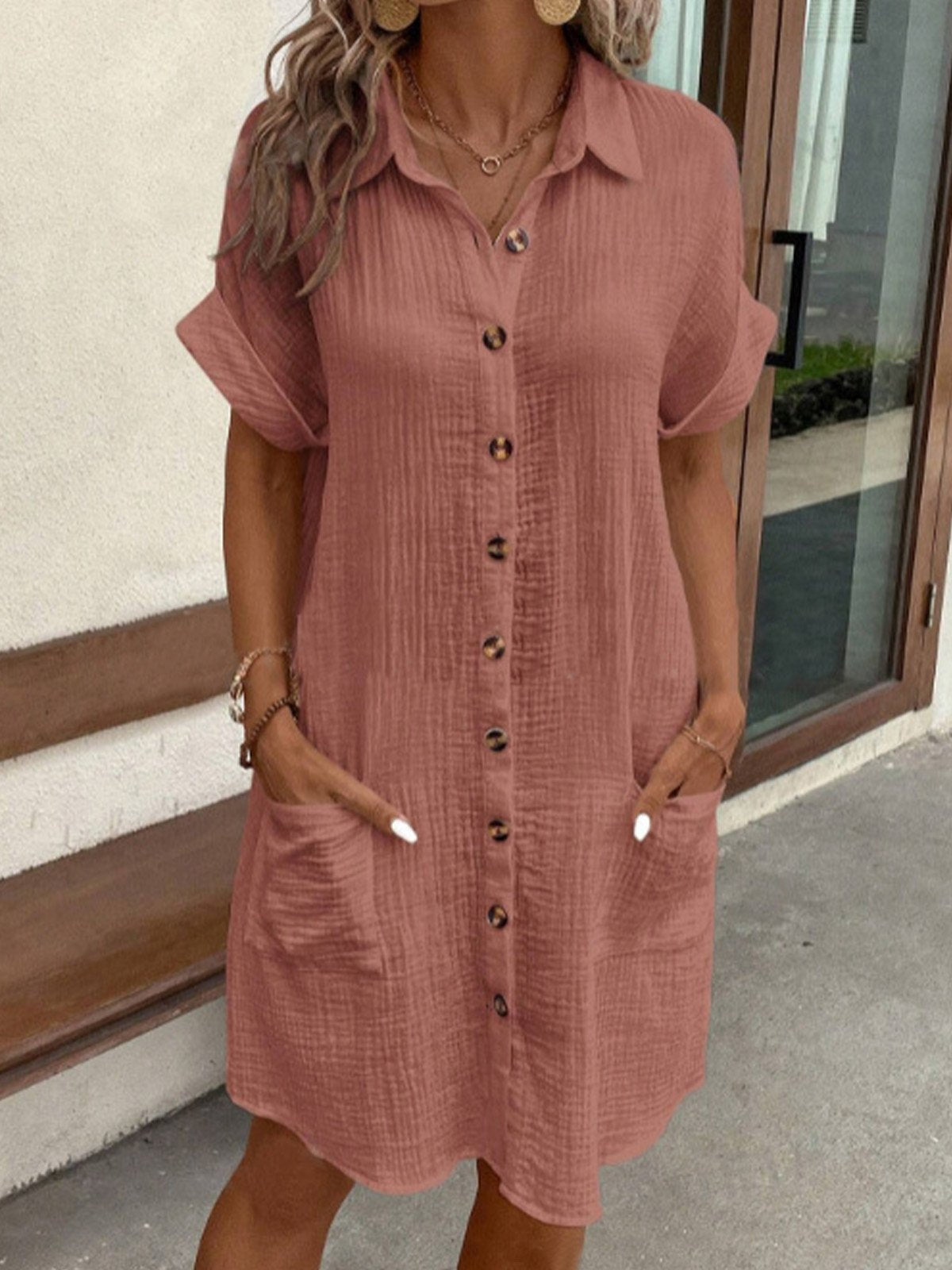 Baumwollkleid Damen Leichtes Sommerkleid mit Knöpfen Beige