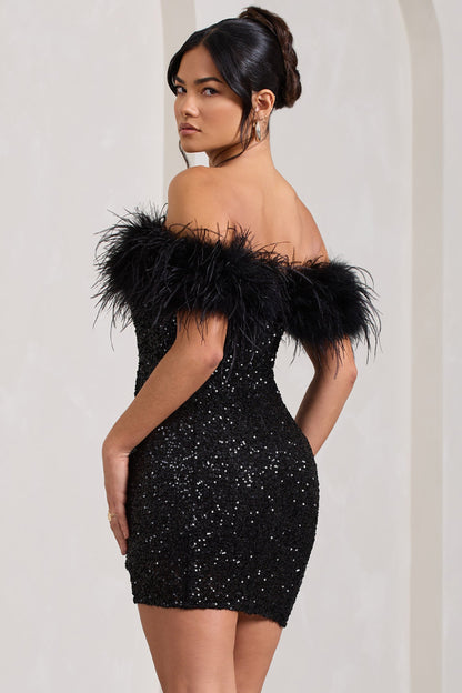 Damen Minikleid Pailletten Off-Shoulder Federverzierung