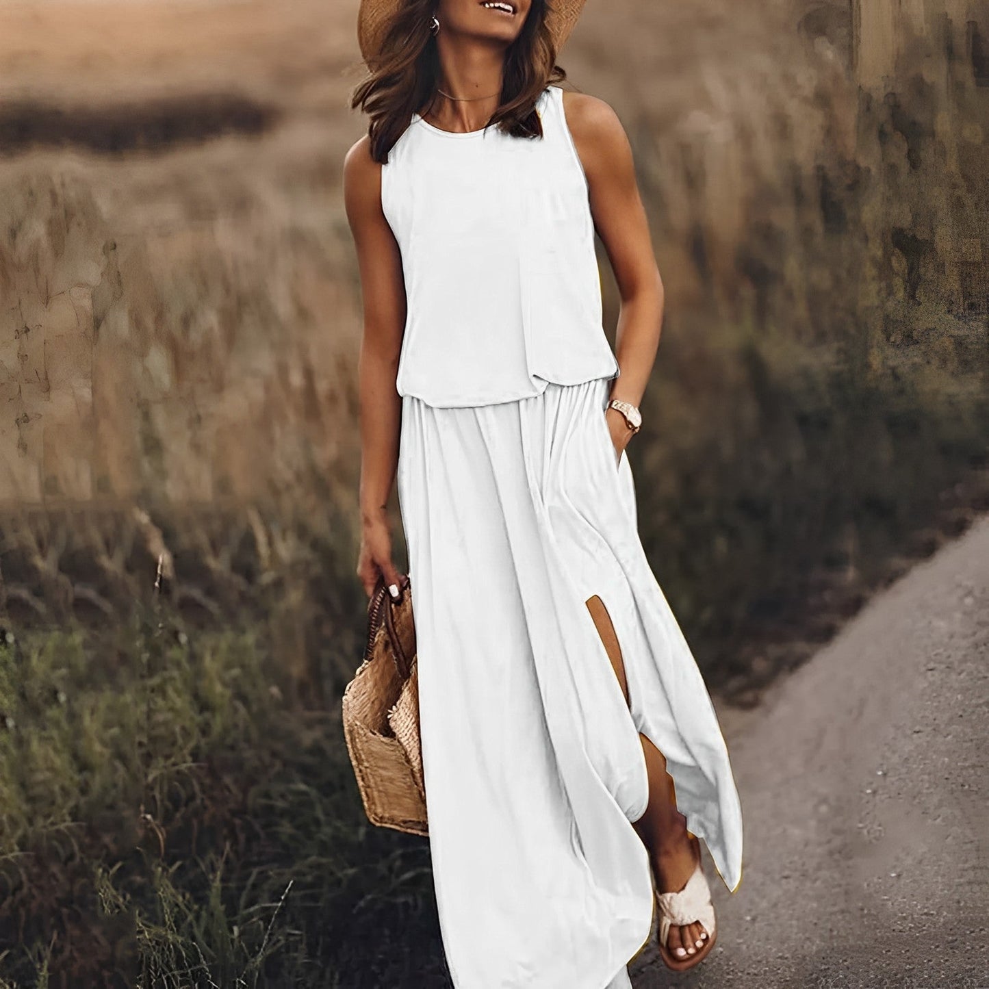 Damen Ärmelloses Maxikleid Rundhalsausschnitt Bequem Sommer