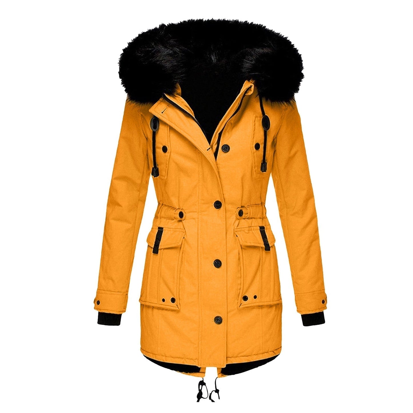 Damen Winterparka Warm Kunstfellkragen Bequem Schwarz - Norvielle