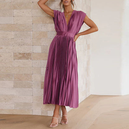 Damen Hochzeitsgastkleid Plissiert V-Ausschnitt Midi