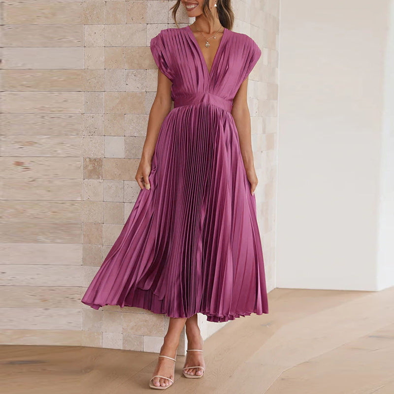 Damen Hochzeitsgastkleid Plissiert V-Ausschnitt Midi