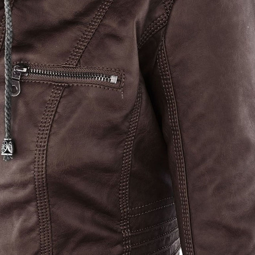 Damen Lederjacke Mit Kapuze Reißverschluss