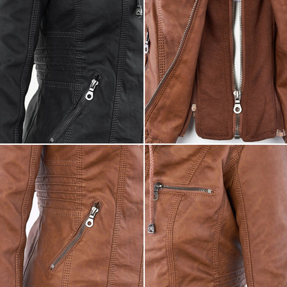 Damen Lederjacke Mit Kapuze Reißverschluss