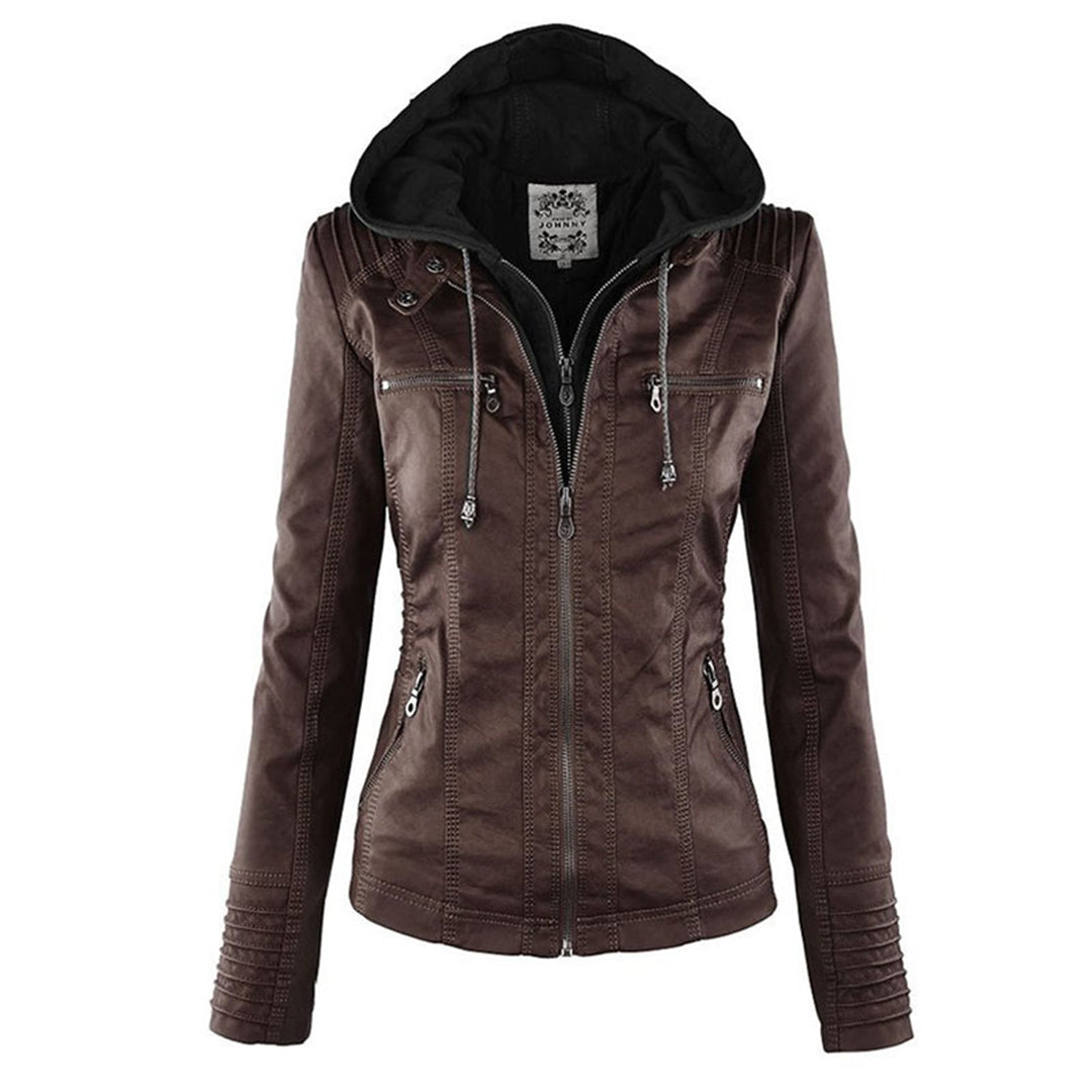 Damen Lederjacke Mit Kapuze Reißverschluss