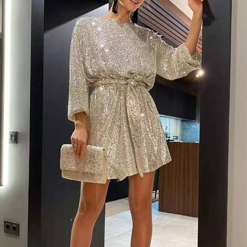 Damen Langarm Kleid Festlich Mini