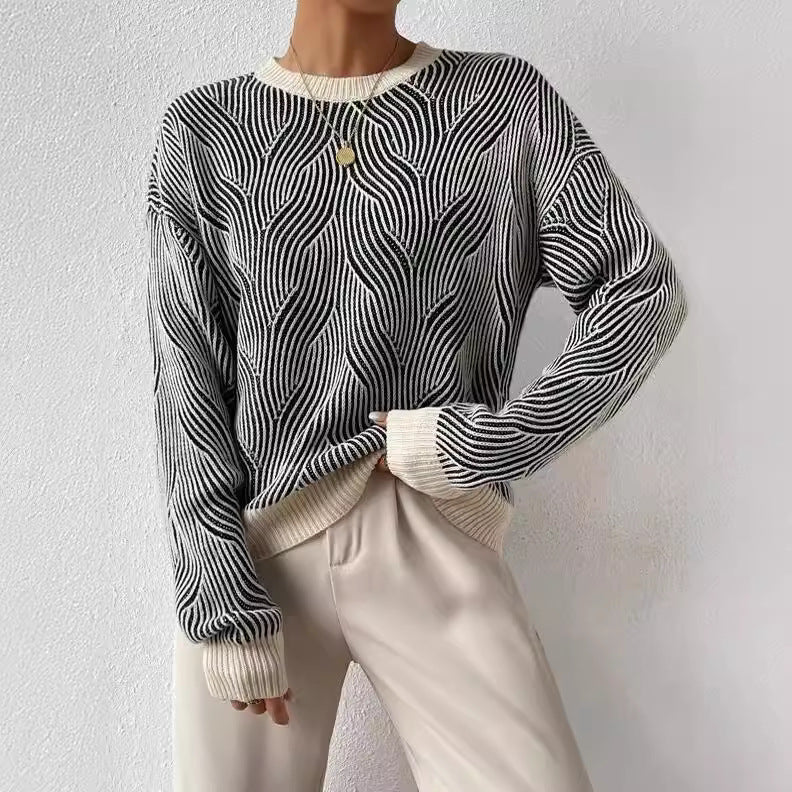 Damen Strickpullover Muster Rundhalsausschnitt Weich Langarm Schwarz - Norvielle