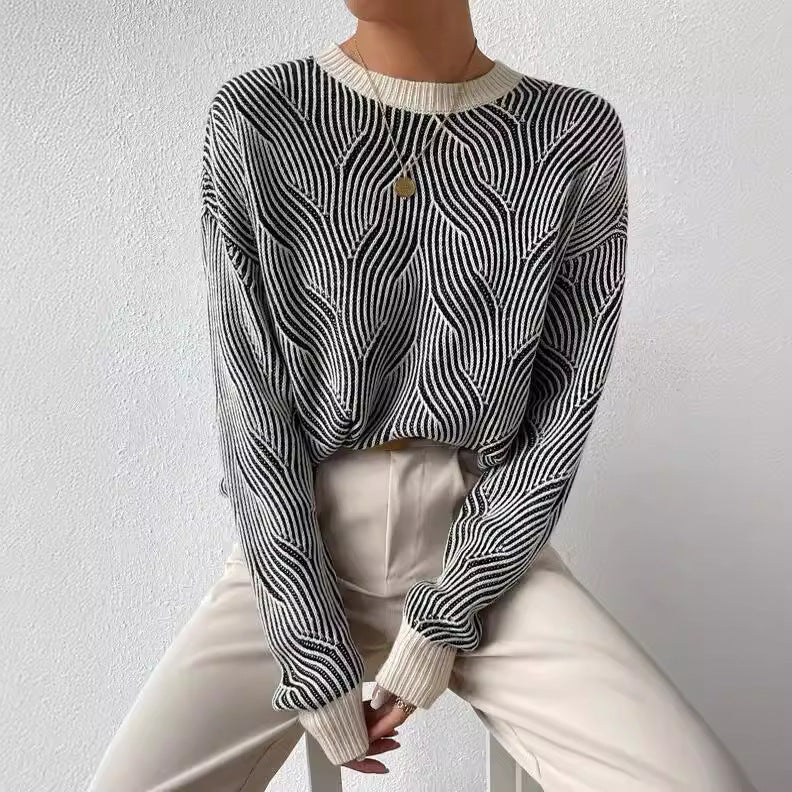 Damen Strickpullover Muster Rundhalsausschnitt Weich Langarm