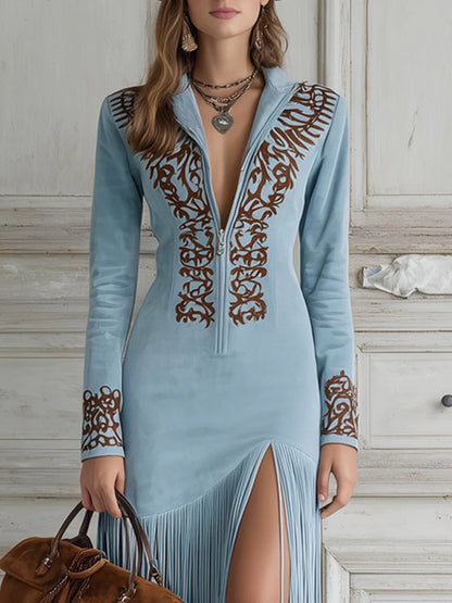 Damen Maxi Kleid Langarm mit Fransen