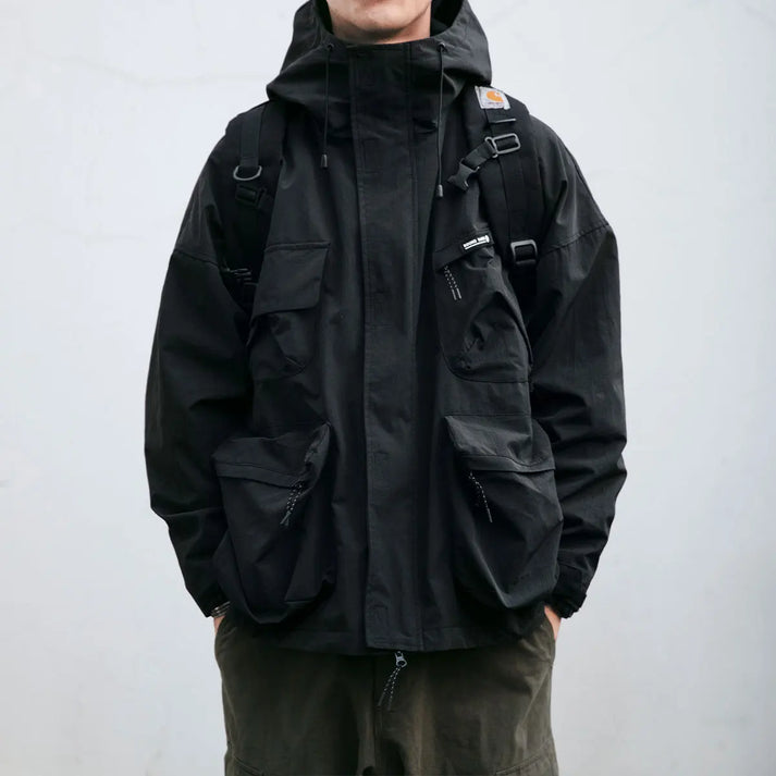 Herren Wetterjacke Oversize Kapuze Cargo Nylon Schwarz - Norvielle