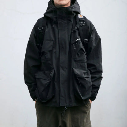 Herren Wetterjacke Oversize Kapuze Cargo Nylon Schwarz - Norvielle