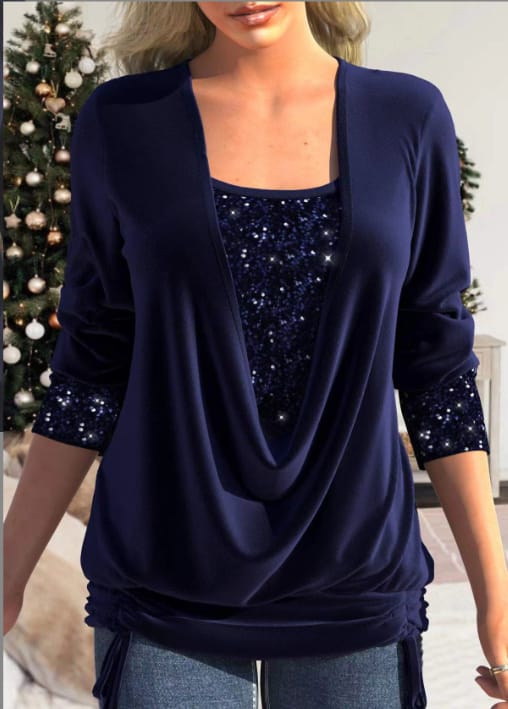 Damen Bluse Langarm Pailletten Elegante Weiss