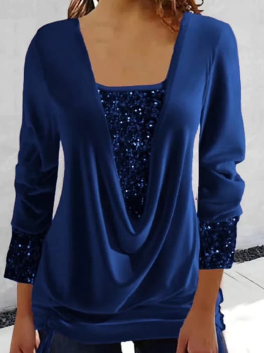 Damen Bluse Langarm Pailletten Elegante Weiss