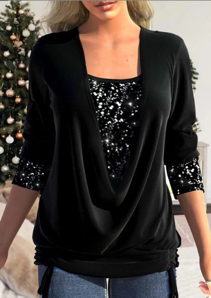 Damen Bluse Langarm Pailletten Elegante Weiss