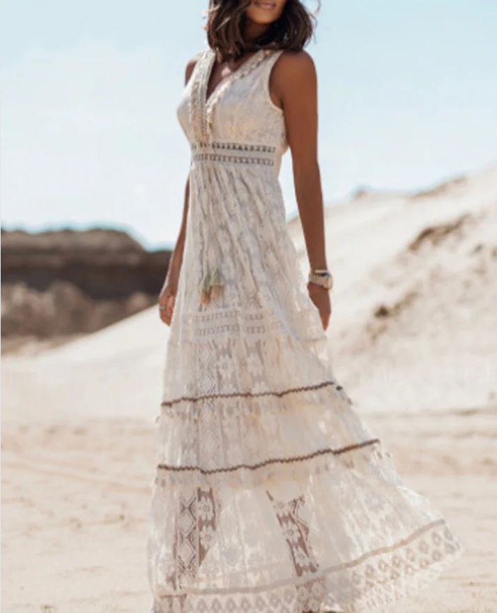 Damen Boho Maxikleid Sommerkleid Baumwolle