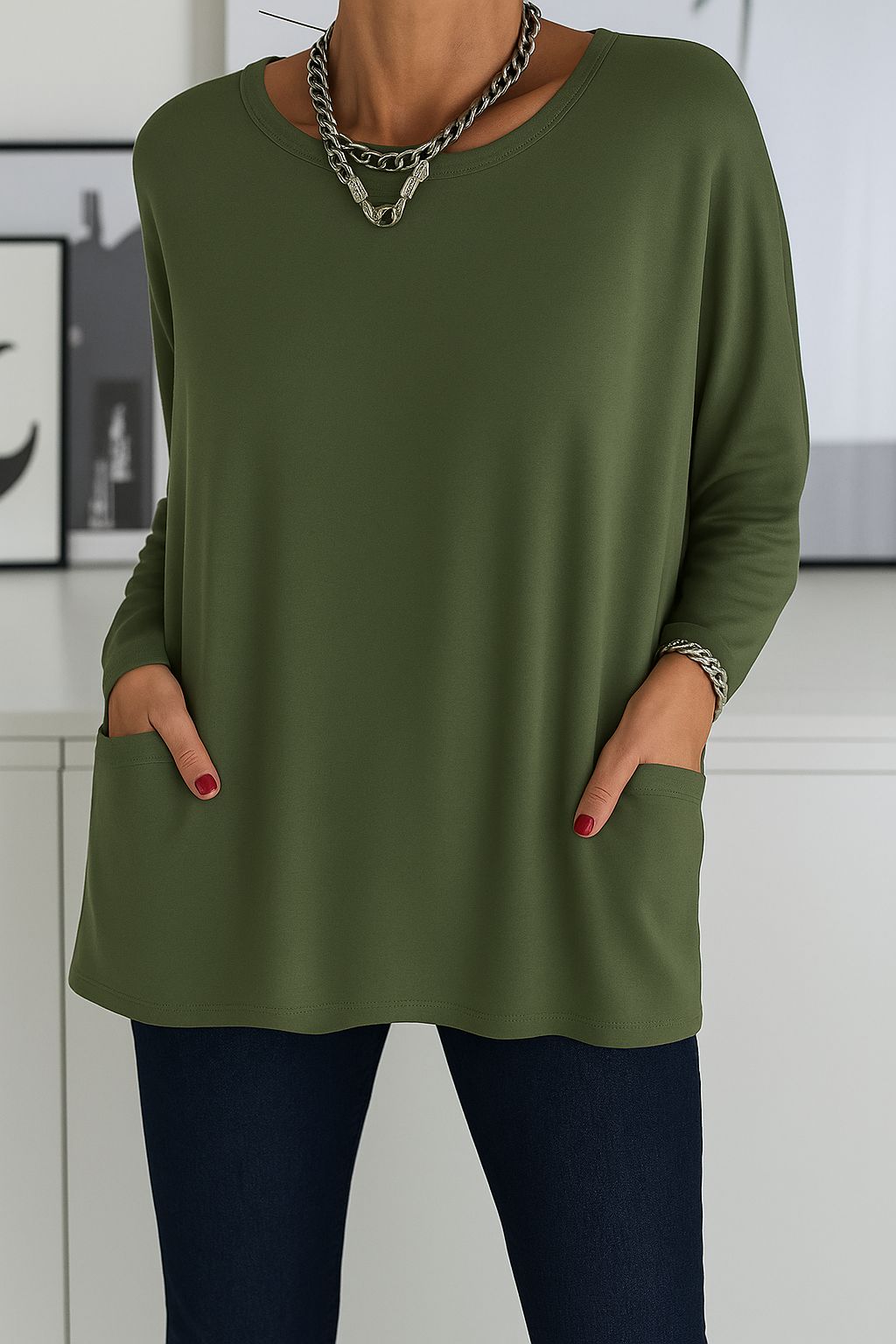 Damen Lockeres Langarmshirt Baumwolle Weiß