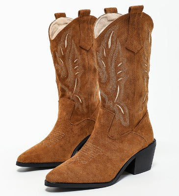 Damen Cowboystiefel Blockabsatz Stickerei Leder Braun - Norvielle