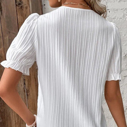 Damen Bluse V-Ausschnitt Spitze Puffärmel Eleganz Weiss