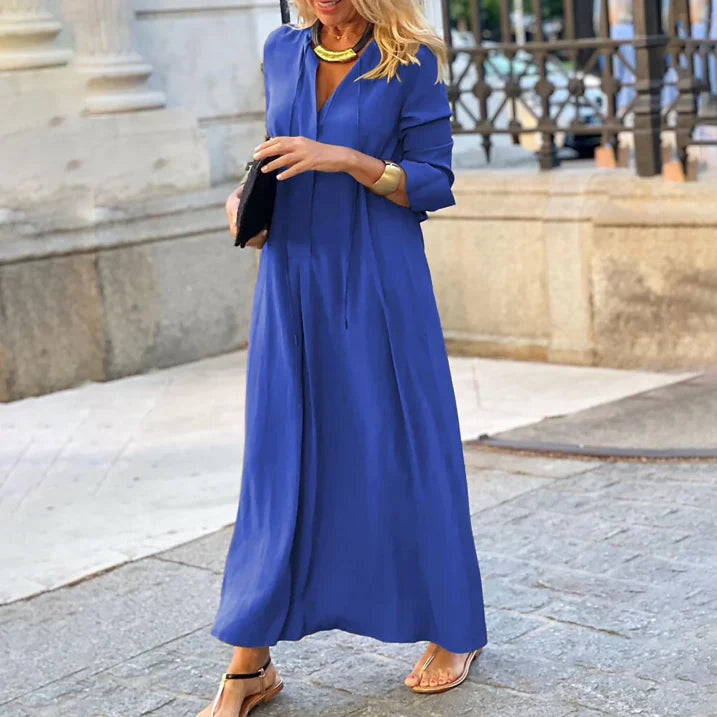 Damen Maxikleid Langarm V-Ausschnitt