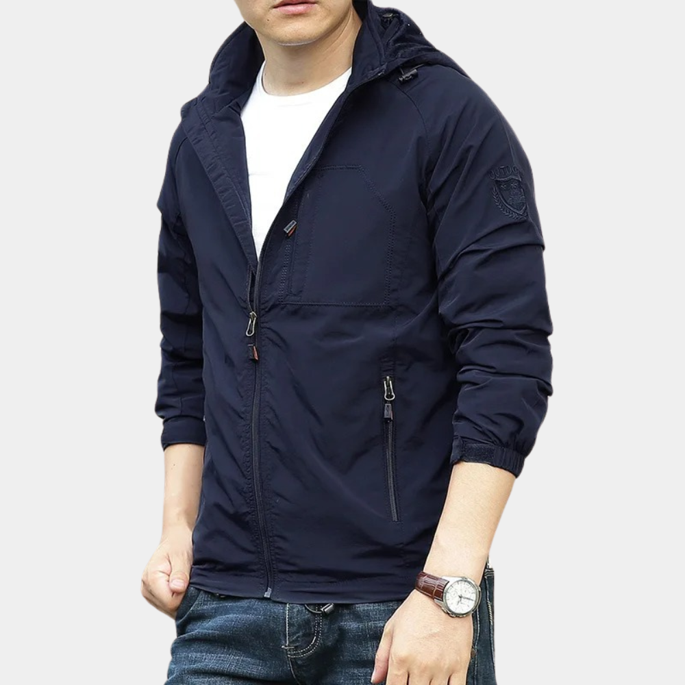 Windbreaker-Jacke – mit Kapuze – Reißverschluss – leichte Jacke – Herrenjacke-Marineblau-M-Chaps Herrenmode