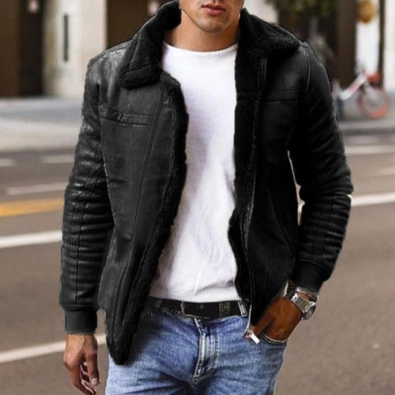 Herren Lederjacke Bikerjacke Fellfutter Schwarz - Norvielle