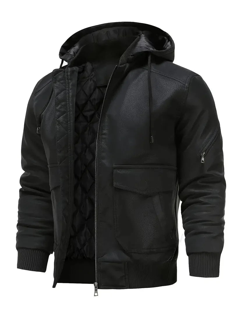 Herren Lederjacke Kunstleder Kapuzenjacke Schwarz - Norvielle