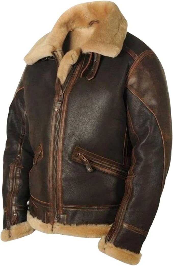 Herren Lederjacke Pilotenjacke Pelzgefüttert Schwarz - Norvielle