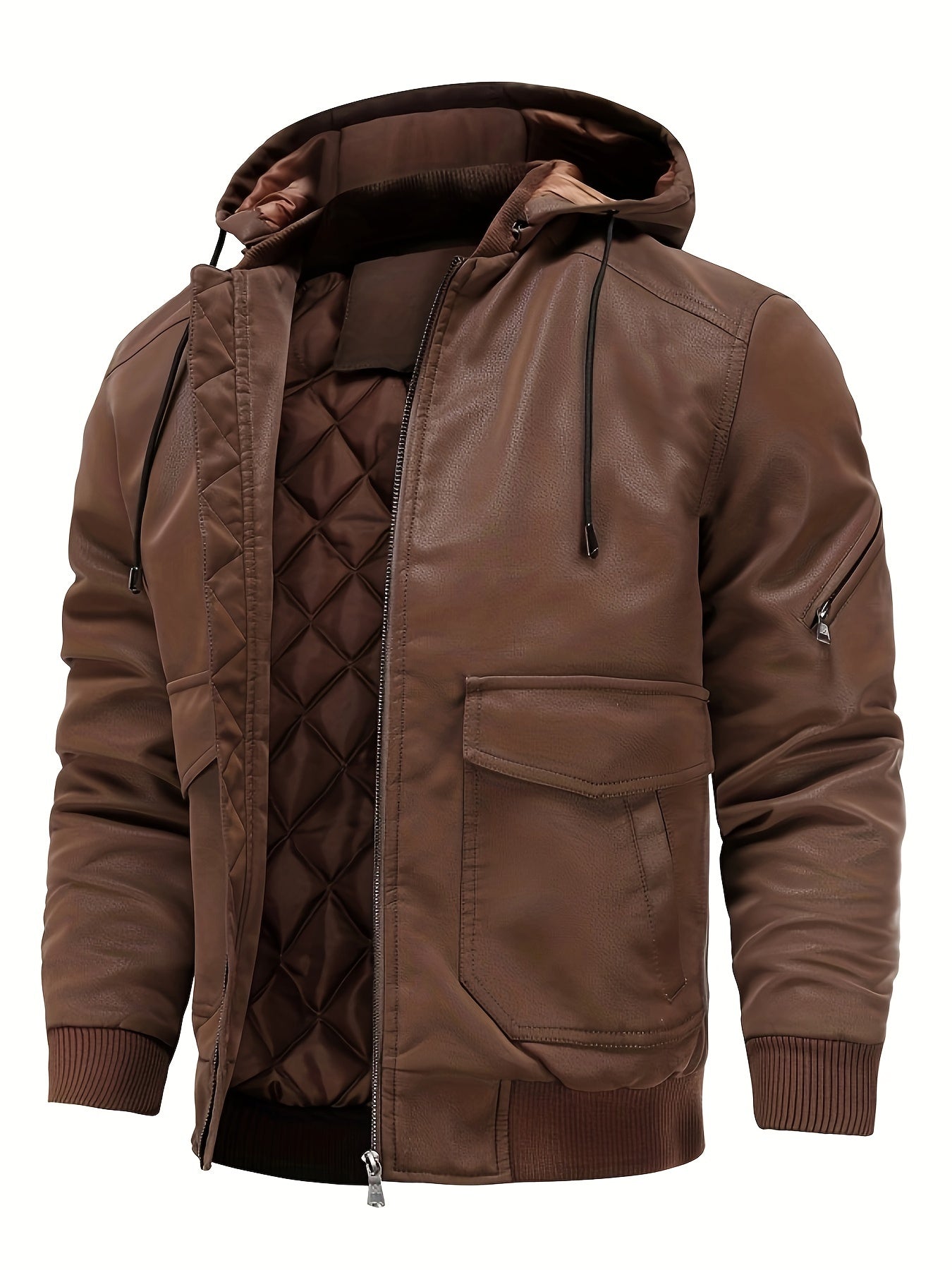 Winter-Lederjacke – winddichte PU-Lederjacke mit Kapuze und gestepptem Innenfutter für Herren-Chaps Herrenmode