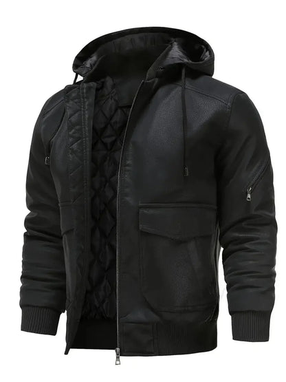 Winter-Lederjacke – winddichte PU-Lederjacke mit Kapuze und gestepptem Innenfutter für Herren-Chaps Herrenmode