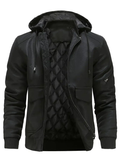 Winter-Lederjacke – winddichte PU-Lederjacke mit Kapuze und gestepptem Innenfutter für Herren-Schwarz-XS-Chaps Herrenmode