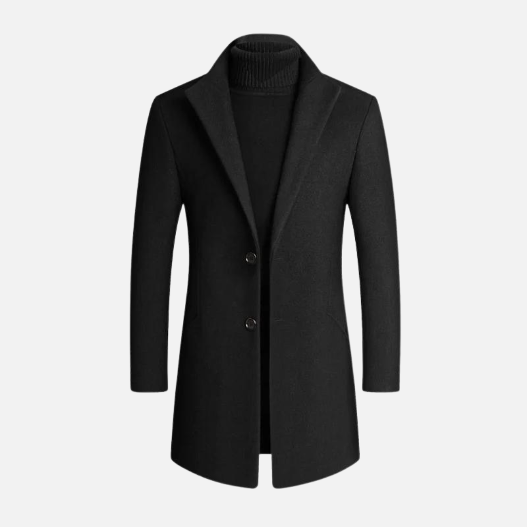 Herren Trenchcoat Einreihig Wollmischung Revers Schwarz - Norvielle