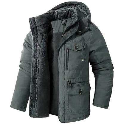 Winterjacke – Herren-Wintermantel mit Kapuze, Fleecefutter und Cargotaschen-Grau-M-Chaps Herrenmode