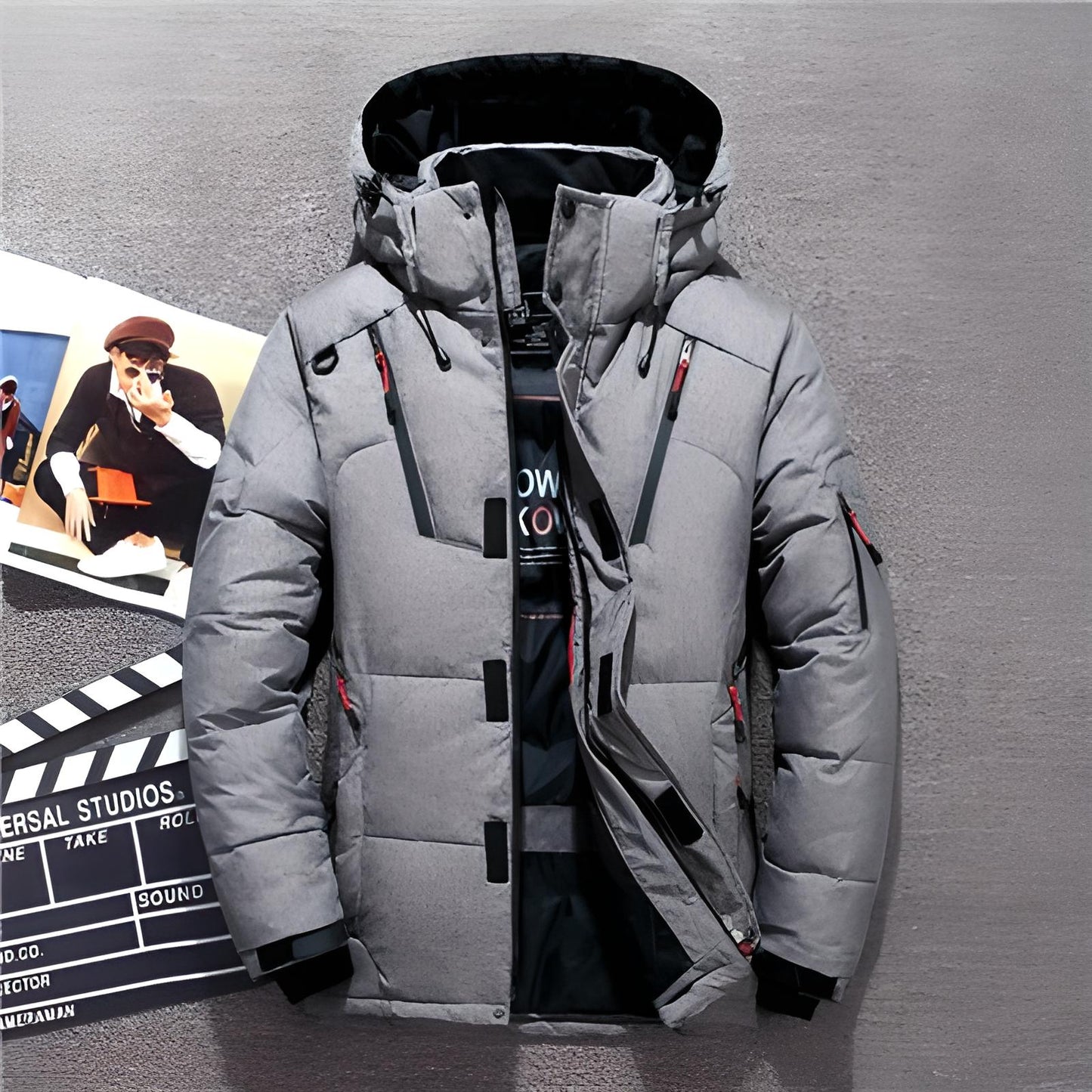 Winterjacke - Herren Zip-Up Kapuzenpuffer Daunenjacke-Grau-M-Chaps Herrenmode